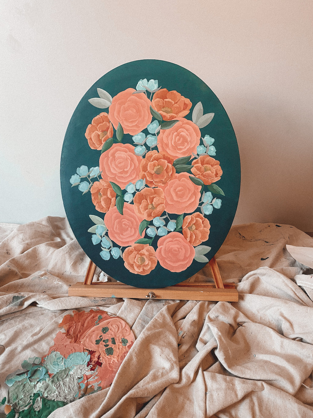 Oval Acrylic Floral Painting